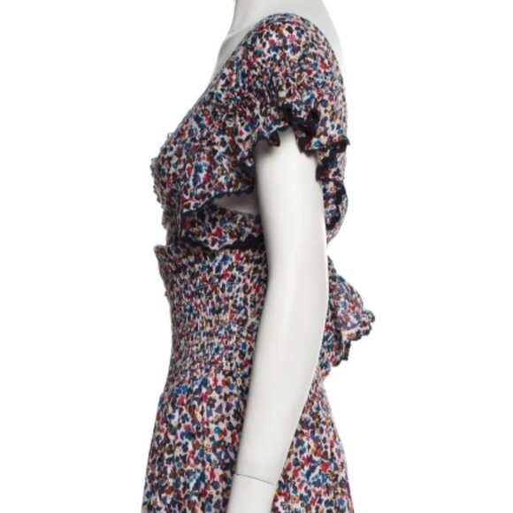 Tory Burch Wildflower Tiered Off Shoulder Smoked Navy Pipping Midi Dress S $498 - Picture 2 of 16